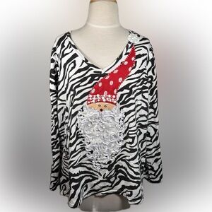 berek Black White Zebra Long Sleeve Top with Red Santa Gnome Applique